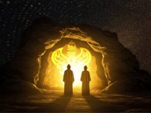 Two men facing lit cave