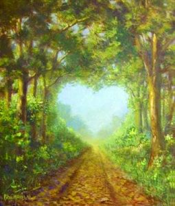 path with trees shaped in heart,way of love,mystic meditation