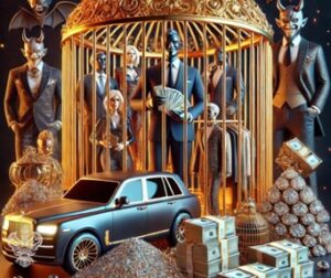 People trapped in cage surrounded by wealth