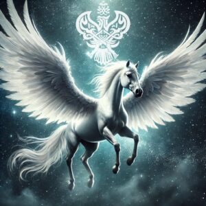 White buraq flying on dark starry night