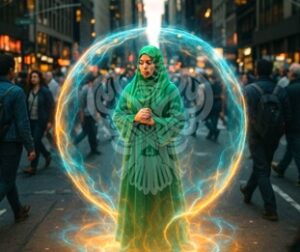 Woman in bubble amongst crowd