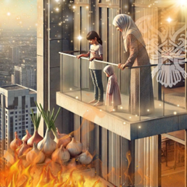 Woman and children overlooking garlic and flames from balcony