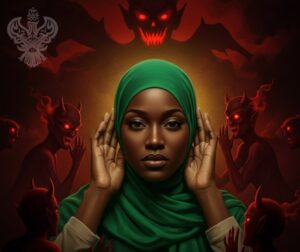 Woman covers ears among demons