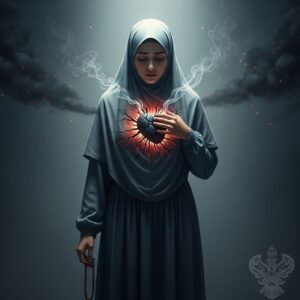 Woman holding her dark heart with smoke emitting from her