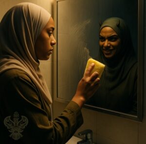 Woman cleaning mirror reflecting as demon