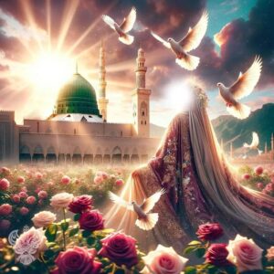 Woman gazing at Madina Sharif with shining sun