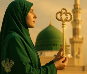 Woman holding gold key in front of Madina Sharif