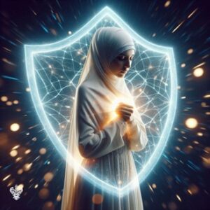 Woman holding her heart within a shield