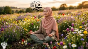 Woman meditating on soil in garden