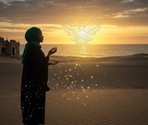 Woman standing near ocean with lights emanating