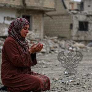 Woman praying among ruins