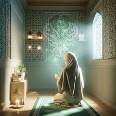 Woman praying with lights shining through window
