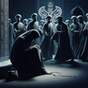 Woman sitting in sorrow in front of a crowd of people
