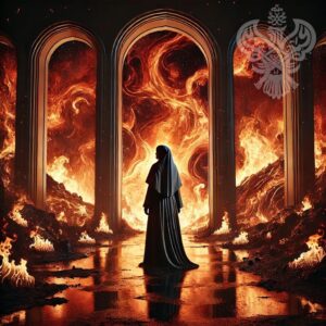 Woman standing at fiery doors
