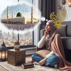 Woman with thought bubble of green dome in Madina