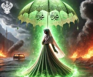 Woman walking among destruction protected under Muhammadan umbrella
