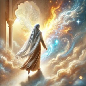 Woman walking into heavenly fire