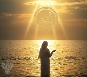 Woman watching the ocean with tawbah written in the sky