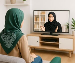 Woman watching another on tv