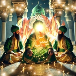 Man with glowing face sitting with students holding YaSeen
